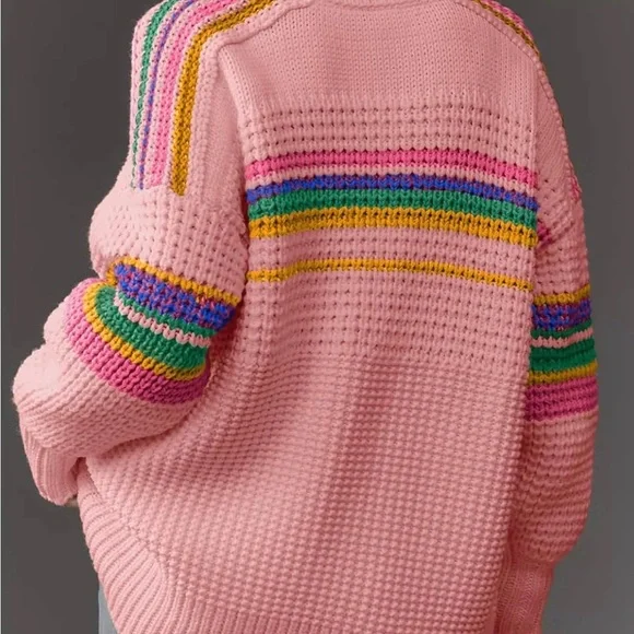 Pink Stripe Cable Knit Cardigan Summer Sweater. Size: Medium (8-10) NWT - Picture 1 of 10